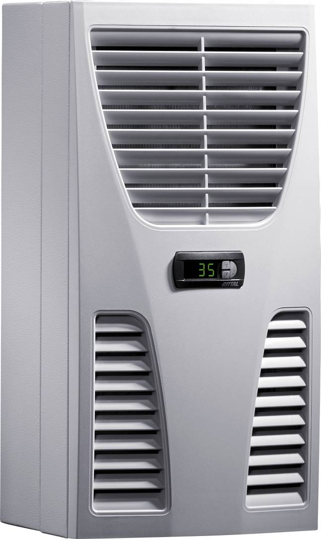 Szürke hűtőventilátor hőmérsékletjelzéssel '35' az elején, felül és alul függőleges szellőzőnyílásokkal.
