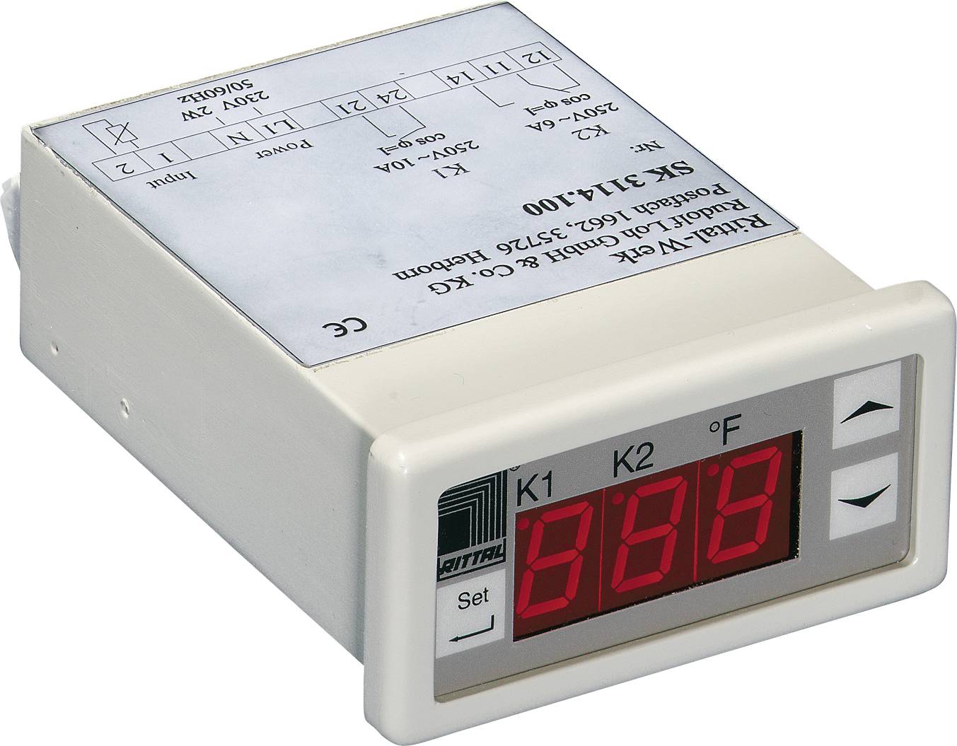Digitális hőmérséklet-kijelző és vezérlőegység két gombbal és LED-kijelzővel. Megjeleníti a pillanatnyi hőmérsékletet Fahrenheit-fokban.