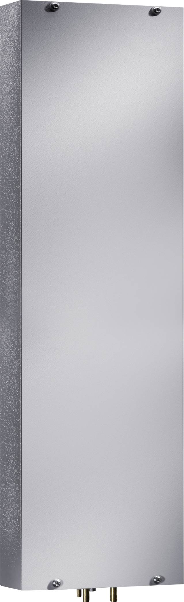 Egy téglalap alakú, ezüstszínű fémradiátor sima felülettel és lekerekített sarkokkal. Az eleje egyszerű és minimalista.