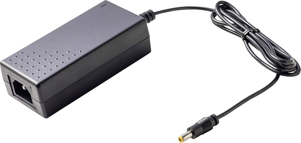 Fekete tápegység kábellel és csatlakozóval. A készülék téglalap alakú és elektronikus eszközök áramellátására lett tervezve.