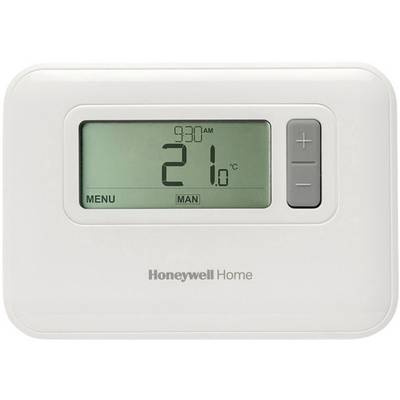Digitális termosztát, amely '21 °C' hőmérsékletet és '9:30 DE' időpontot jelez, hőmérséklet-szabályozó és menügomb funkcióval.