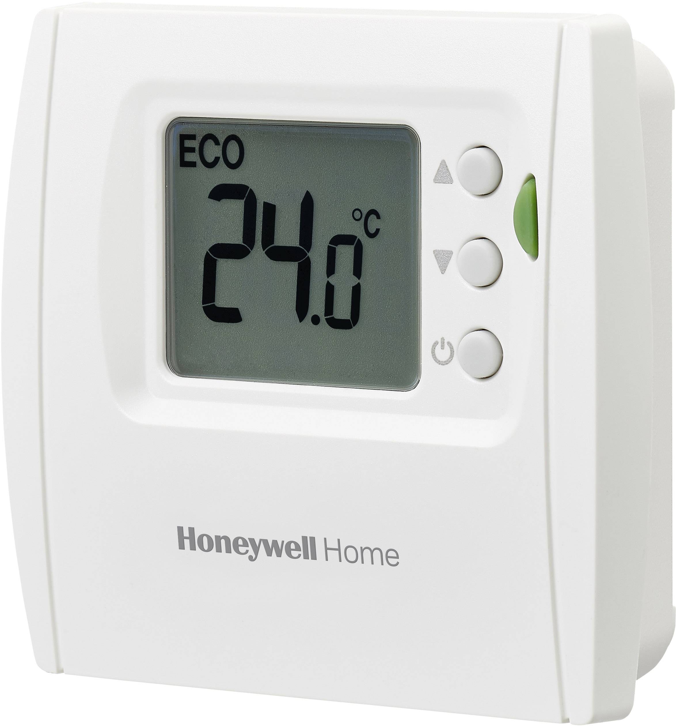 Egy digitális termosztát kijelzője 'ECO 24°C' feliratot mutat. A készüléknek három gomb van a kijelző jobb oldalán. Márka: Honeywell Home.