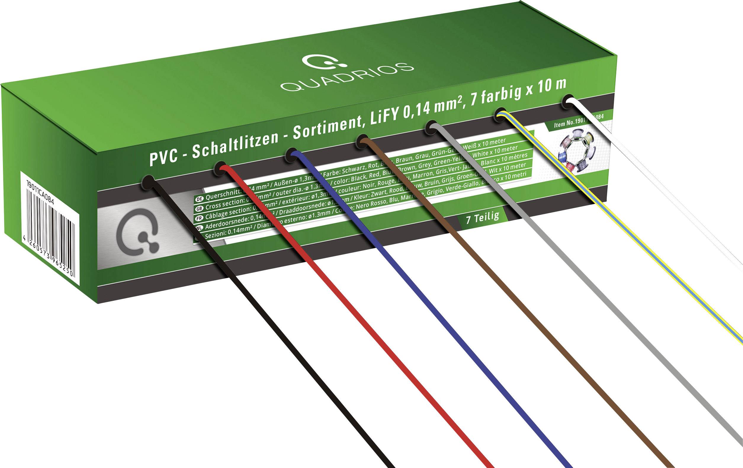 PVC-szigetelt kábelkészlet 7 különböző színű vezetékkel zöld dobozban a Quadrios-tól. Színek: fekete, piros, kék, sárga-zöld, barna, szürke, fehér.