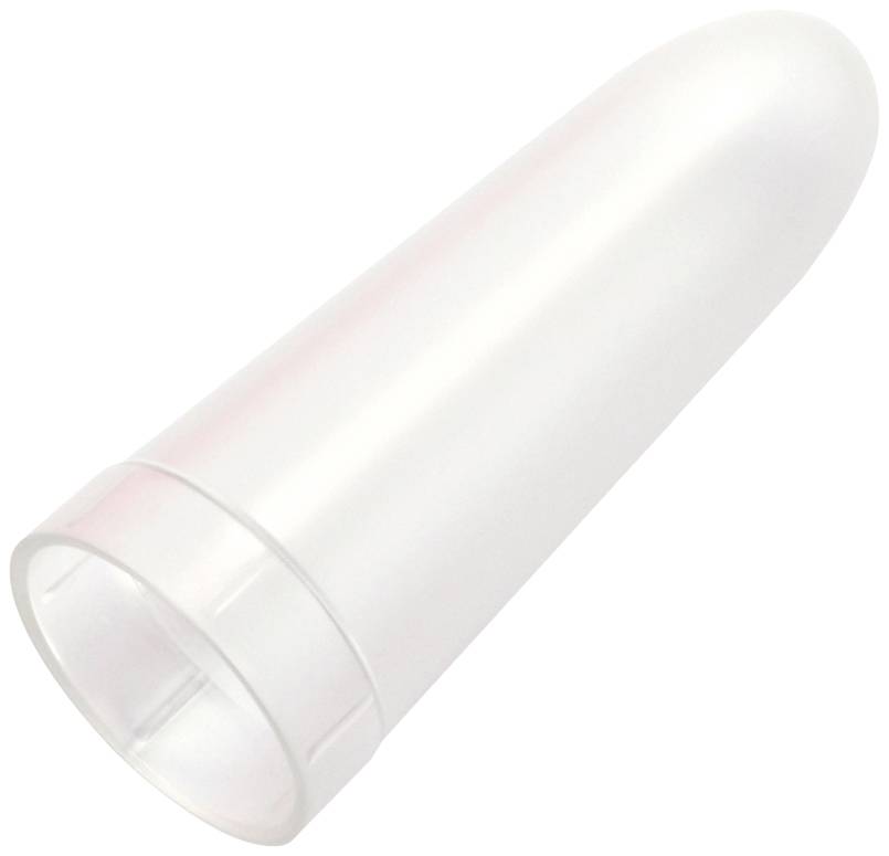 Egy egyszerű, átlátszó műanyag henger, amely egy kupakhoz vagy egy felirat és részletek nélküli tárolóedényhez hasonlít.