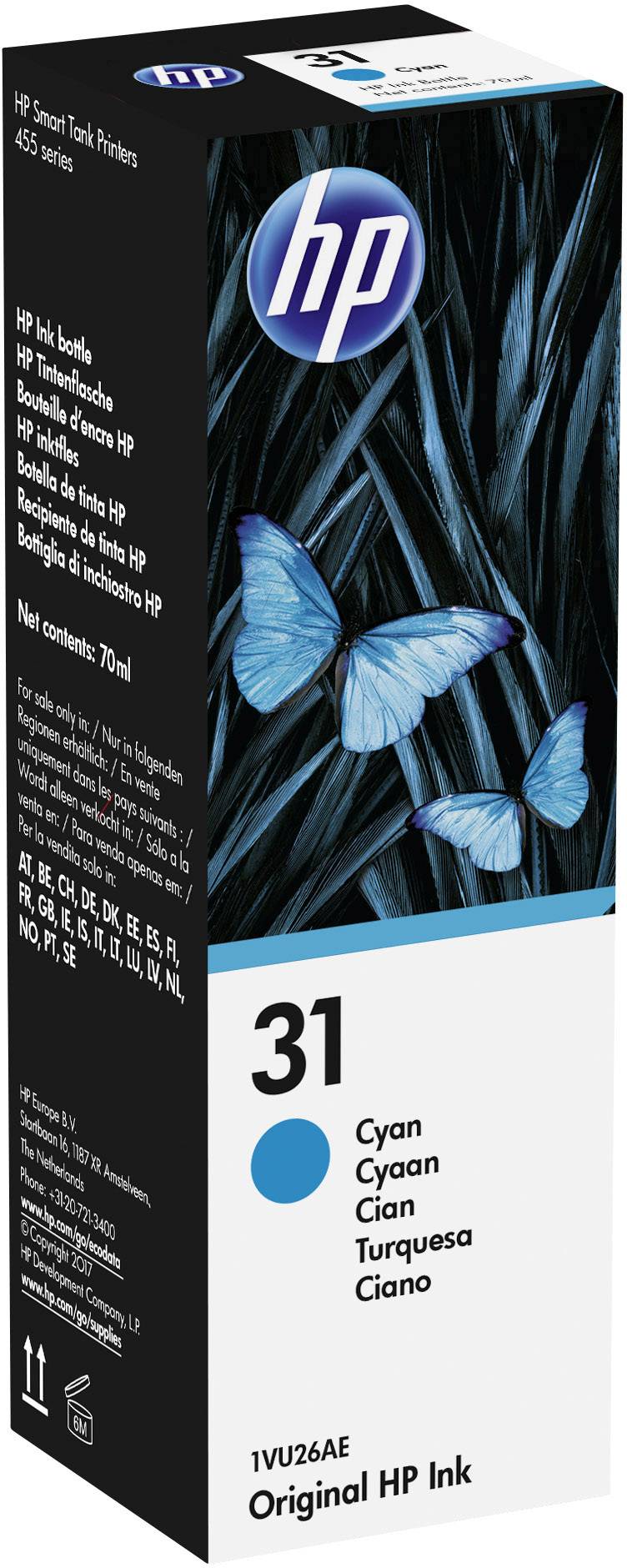 HP nyomtatópatron doboz kék pillangókkal, logóval és a '31 Ciánkék Eredeti HP Tinta' felirattal.