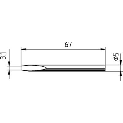 Műszaki rajz egy tűről méretekkel: Hosszúság 67 mm, átmérő 5 mm. Hegyesre formázva, alapjánál 3,1 mm széles.