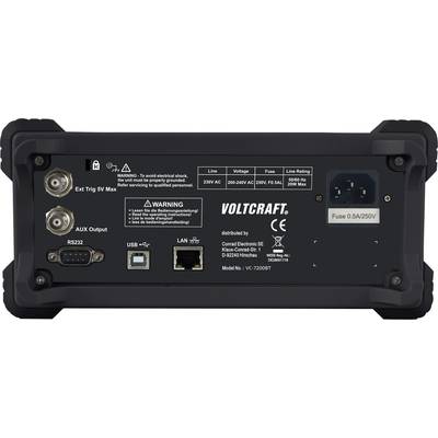 Egy Voltcraft-eszköz hátoldala. Mutatja az RS232, USB, LAN, Ext Trig 5V, AUX csatlakozókat, valamint a tápellátási és biztosítéki csatlakozásokat. Felül biztonsági figyelmeztetések láthatók.