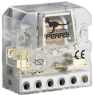 Egy átlátszó elektromos kapcsoló, amelyen egy kenguru figura logója és a 'Perry Electric' felirat látható. Hat csatlakozókapocs látható rajta.