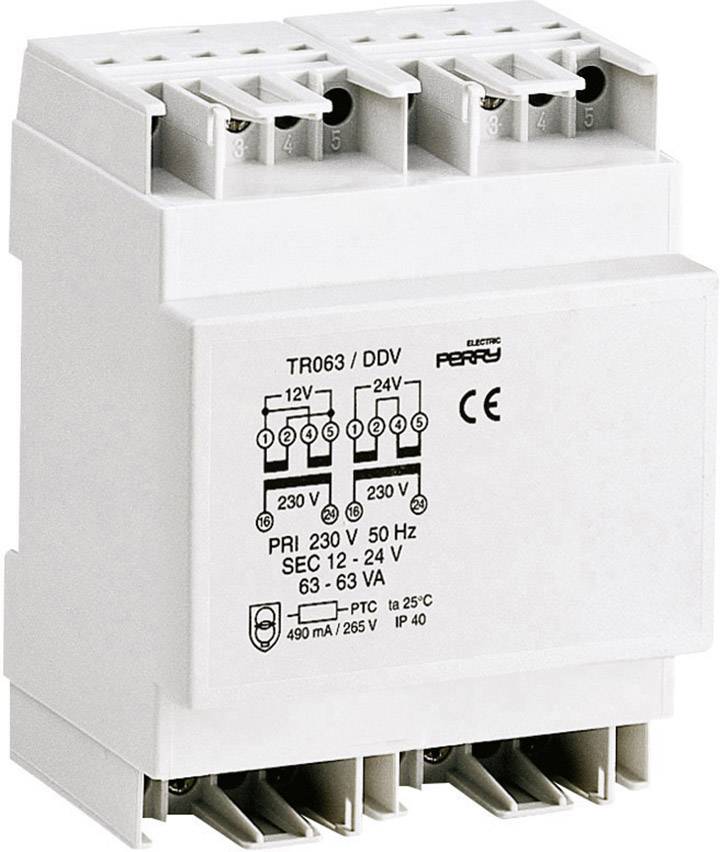 Elektromos alkatrész, háromfázisú váltakozó áramú transzformátor, fehér műanyag burkolattal, nyomtatott műszaki specifikációkkal, CE-jelöléssel ellátva.