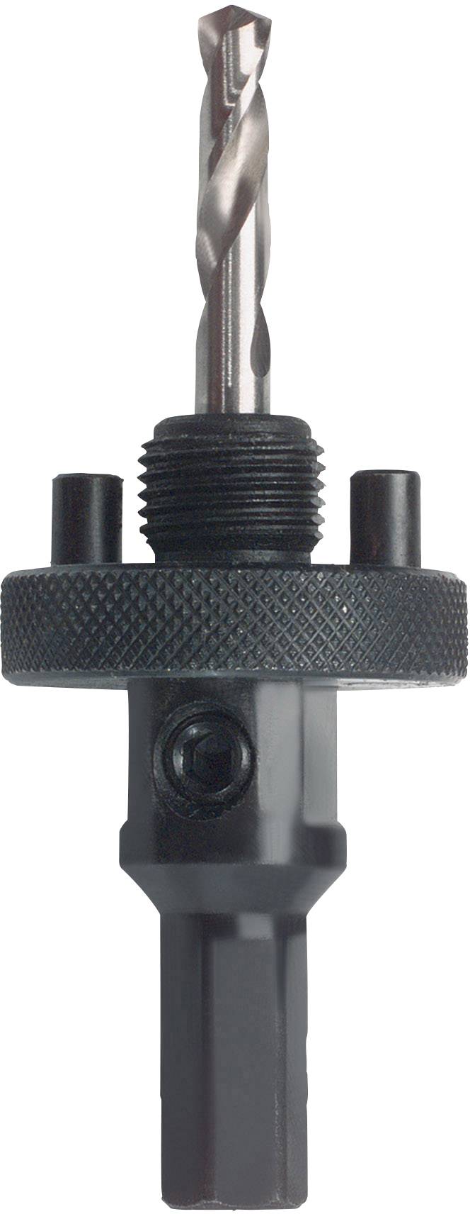 Fémes fúrófej fekete, bordázott nyéllel és ezüstös hegyű végződéssel, amely különböző anyagok lyukasztására alkalmas.