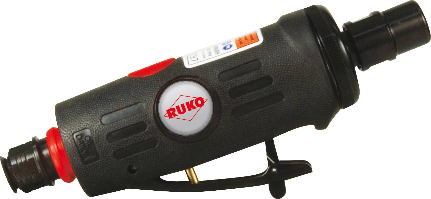 Egy praktikus, fekete levegős szerszám piros karral és márkalogóval az oldalán. Alkalmas csiszolási munkálatokhoz.