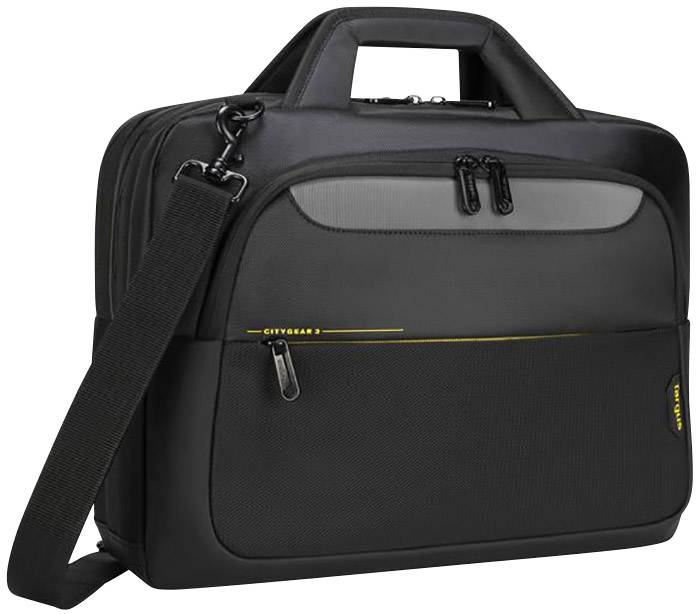 Egy fekete laptoptáska fogantyúkkal és több cipzáras rekesszel. Ideális szállításra vagy üzleti célokra.