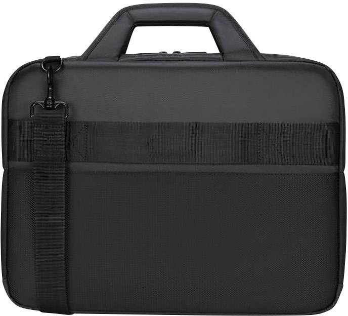 Egy fekete laptop táska fogantyúval és levehető vállpánttal.
