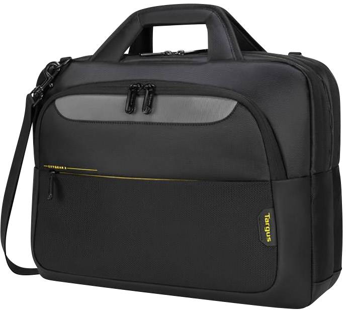 Fekete laptoptáska fogantyúval és vállpánttal, két fő cipzáras rekesszel, oldalán a 'Targus' márkajelzés látható.