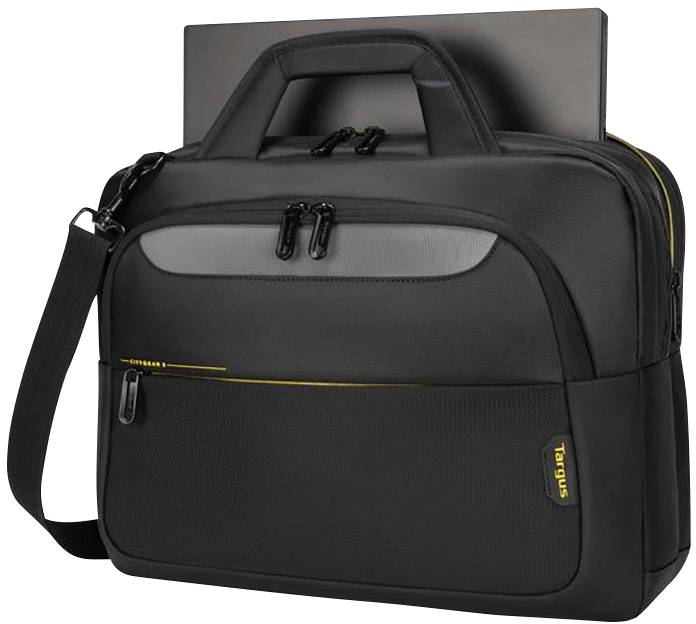 Egy fekete laptoptáska fogantyúval és vállpánttal, amely félig nyitva van és egy laptopot mutat.