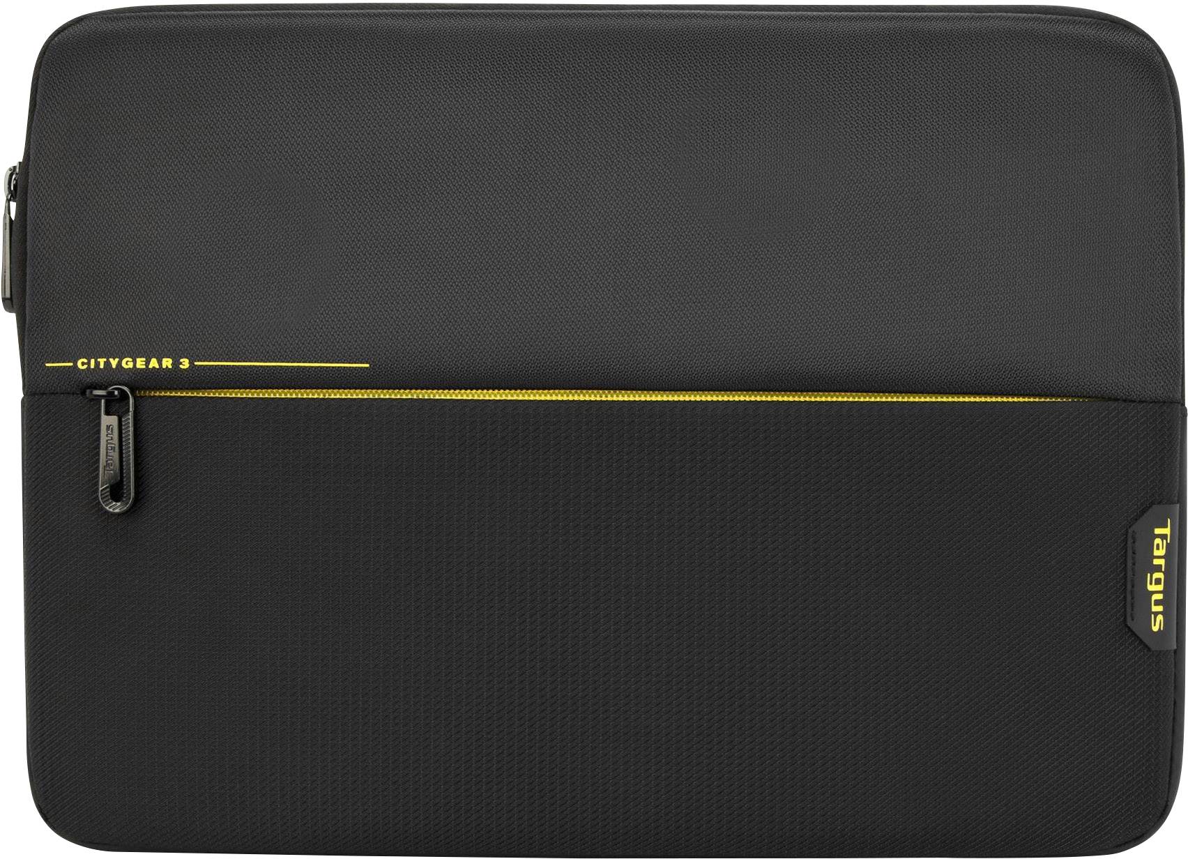 Egy fekete laptoptáska sárga részletekkel. Rendkívül egyszerű dizájn, cipzáras zsebbal az elülső oldalon.