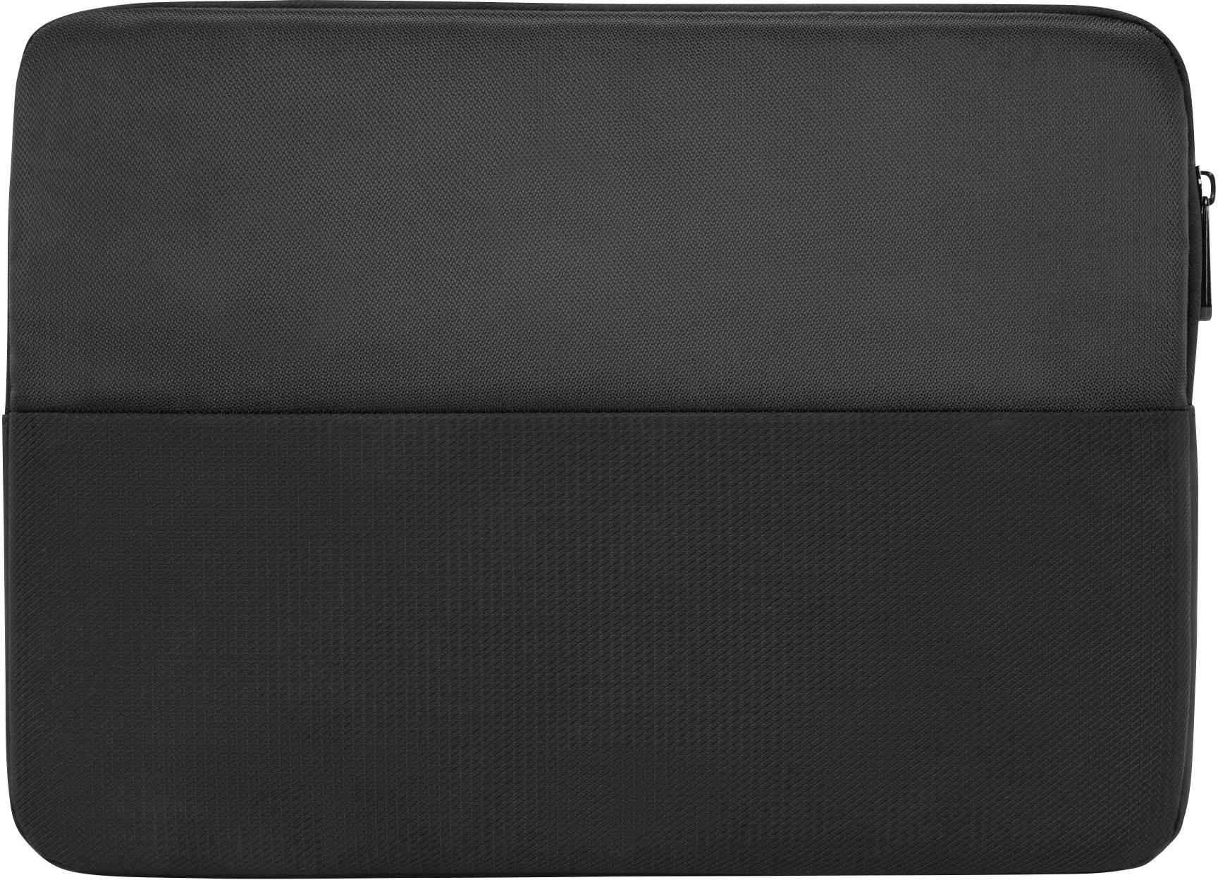 Fekete laptop táska egyszerű, texturált dizájnnal, oldalsó cipzárral.