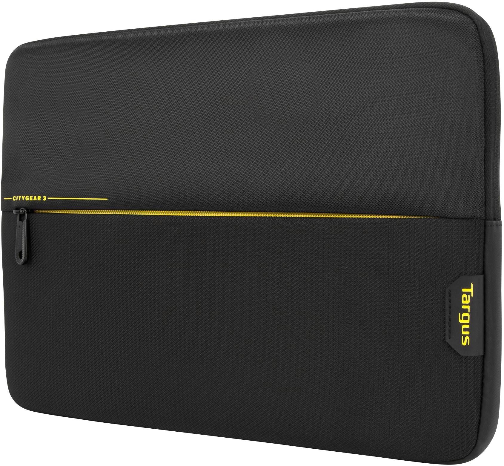 Fekete laptoptáska sárga zipzárral. A 'Targus' márkalogó az oldalán. Alkalmas laptopok védelmére utazás közben.
