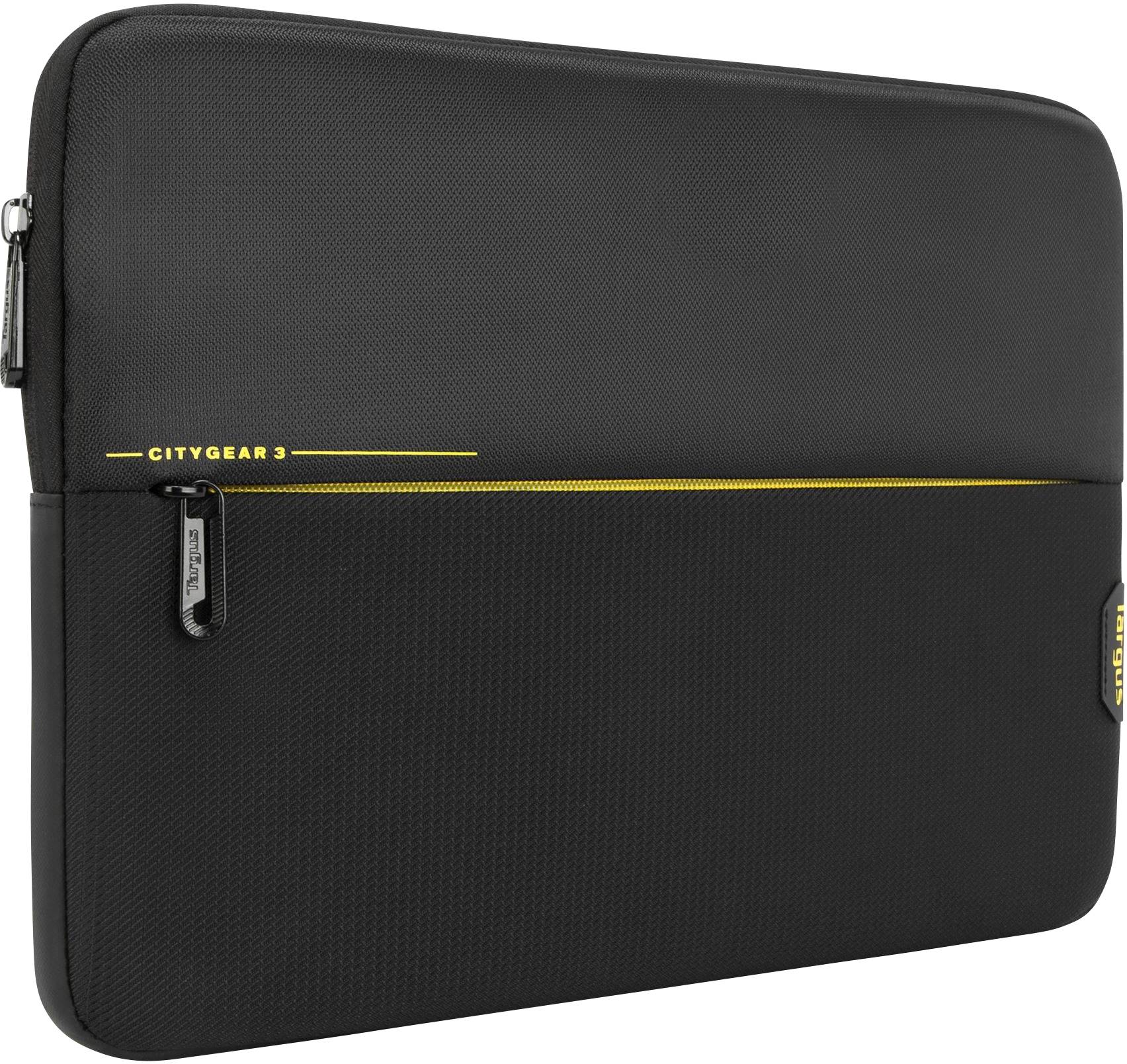 Fekete laptoptáska sárga részletekkel és cipzárral, alkalmas egy laptop vagy tablet biztonságos szállítására.