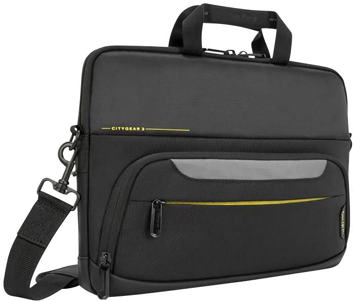 Egy fekete laptoptáska fogantyúval és levehető vállpánttal. Elöl sárga 'CityGear 3' felirattal, előrészén cipzáras zseb.