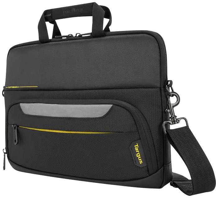 Egy fekete laptoptáska sárga cipzárral és állítható vállpánttal, alkalmas laptopok szállítására.