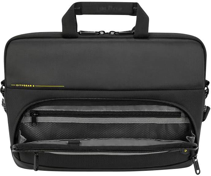 Fekete laptoptáska cipzáras rekeszekkel, párnázott fogantyúval és sárga 'CityGear' felirattal, elektronikai eszközök szállítására alkalmas.