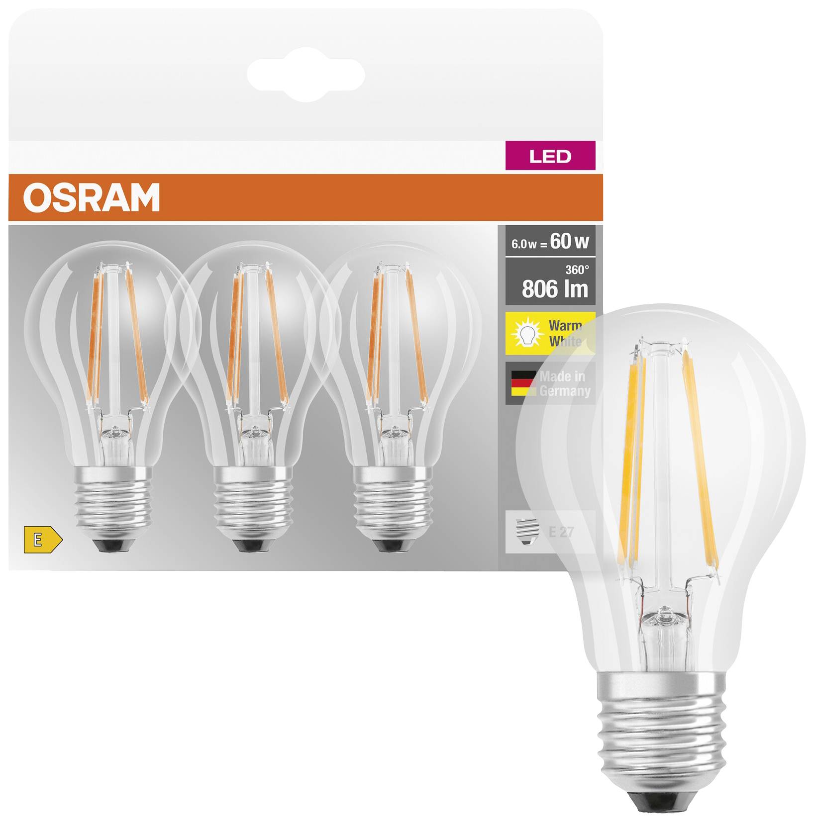 Egy csomag három OSRAM LED-izzóval, 6,0W teljesítmény, 60W-nak megfelelő fényerő, 806 lumen, meleg fehér fény, Németországban gyártva.