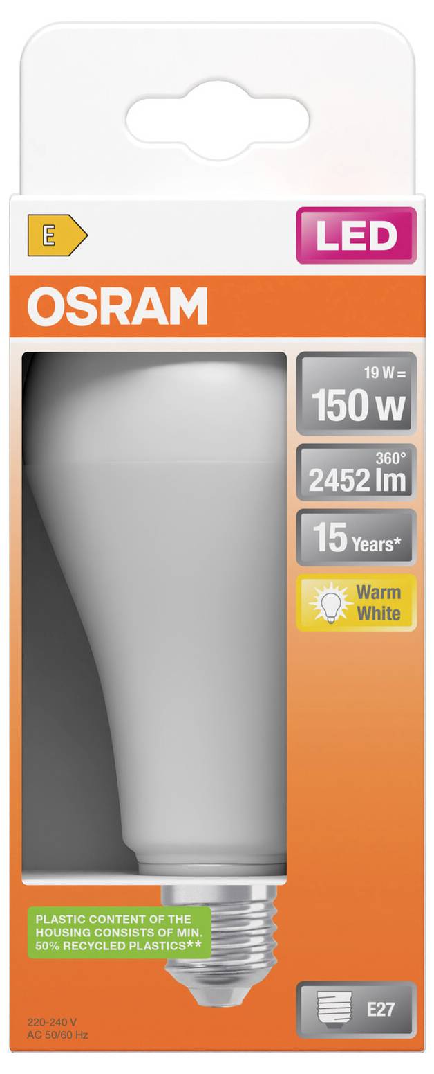 OSRAM LED izzólámpa csomag, 19 W, 150 W-os ekvivalencia, 2452 lm, 15 év, meleg fehér, E27 foglalat.