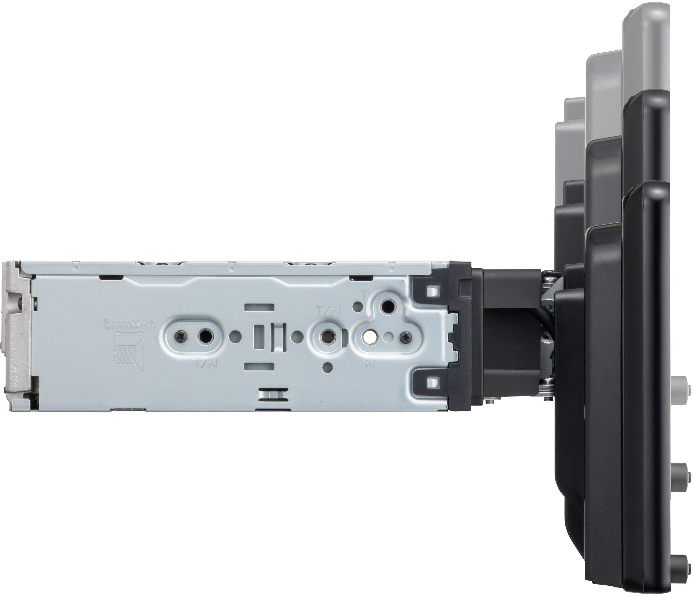 Egy elektronikus eszköz oldalról látható, egymásra helyezett nézetének képe, amely mutatja a rétegszerkezetet és az oldalsó rögzítési lehetőségeket.