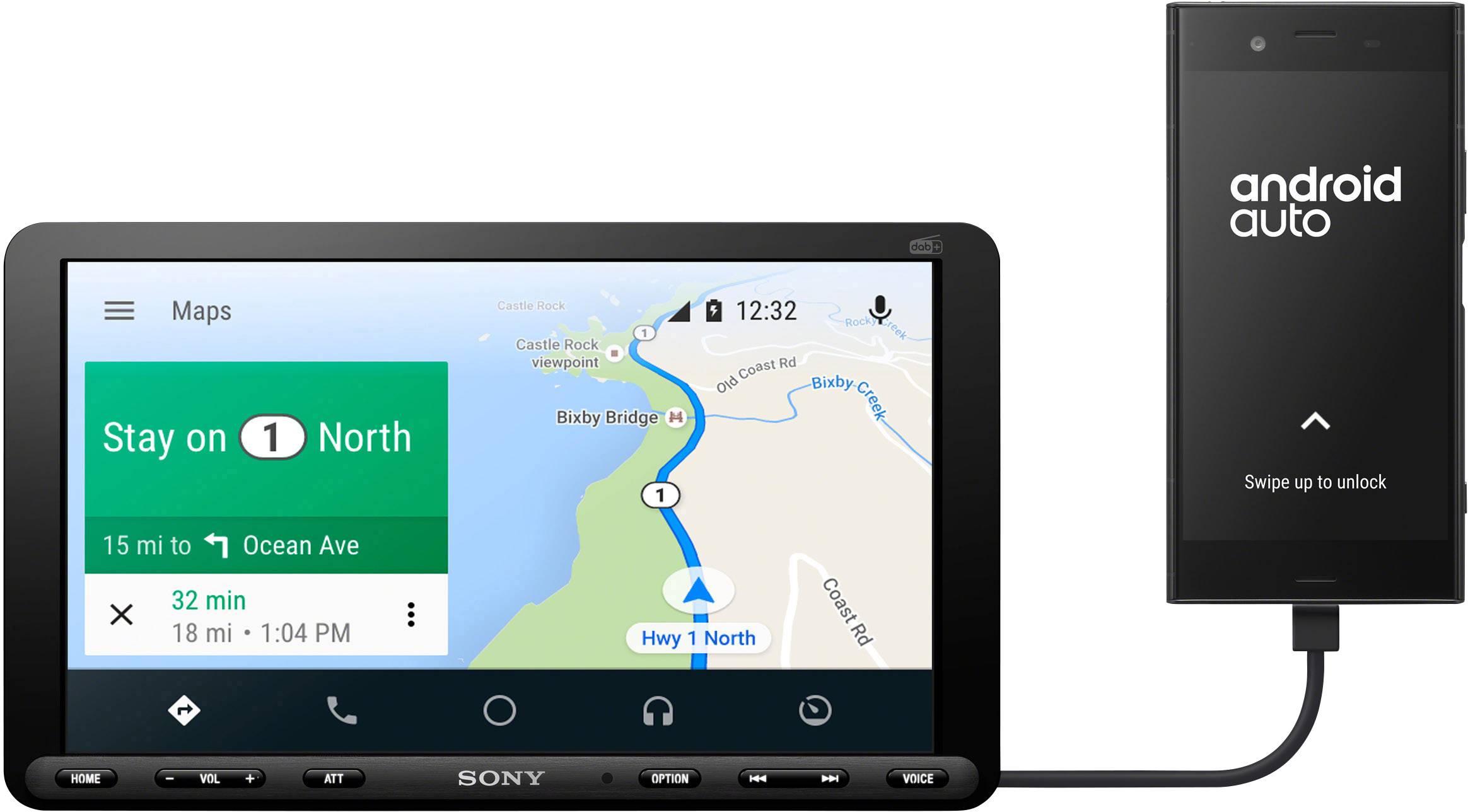 Egy autós kijelző navigációs térképet mutat útvonallal. Szöveg: 'Maradjon az 1-es északi úton'.