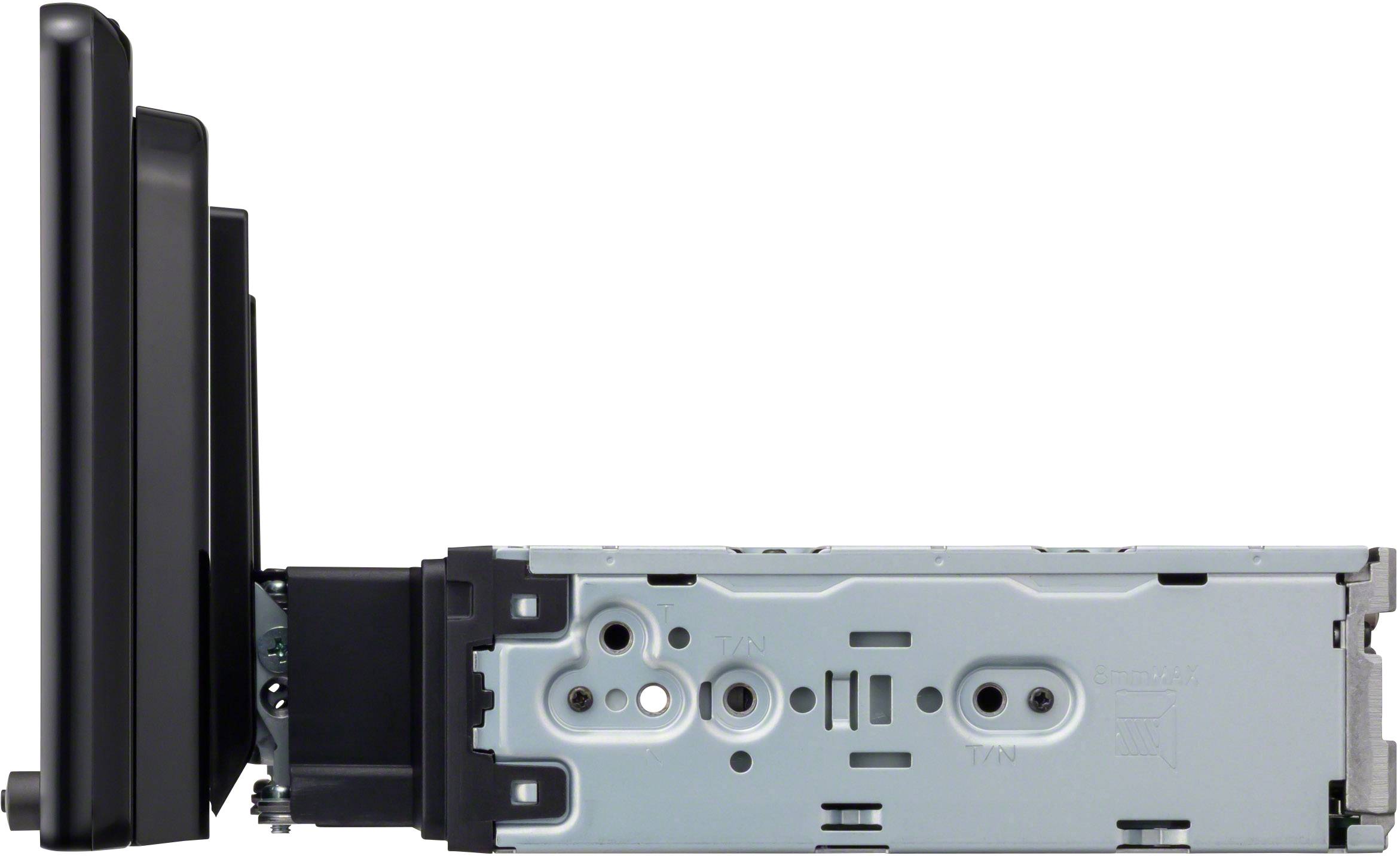 Egy elektronikus eszköz oldalnézete, amely egy autós infotainment rendszerre hasonlít, csatlakozókat és rögzítési pontokat mutat.