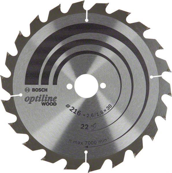 Bosch fűrészlap fához, 'Optiline' modell; 216 mm átmérő, 22 fog, max. fordulatszám 7000 ford/perc, hengeres forma.