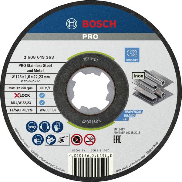 Bosch Accessories  X-LOCK  2608619364  Vágótárcsa, egyenes  125 mm  10 db  INOX