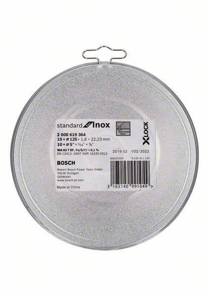 Kerek fémtárcsás csiszolókorong 'standard Inox' felirattal és termékspecifikációkkal. Bosch márka, X-Lock rendszerhez illeszkedő.