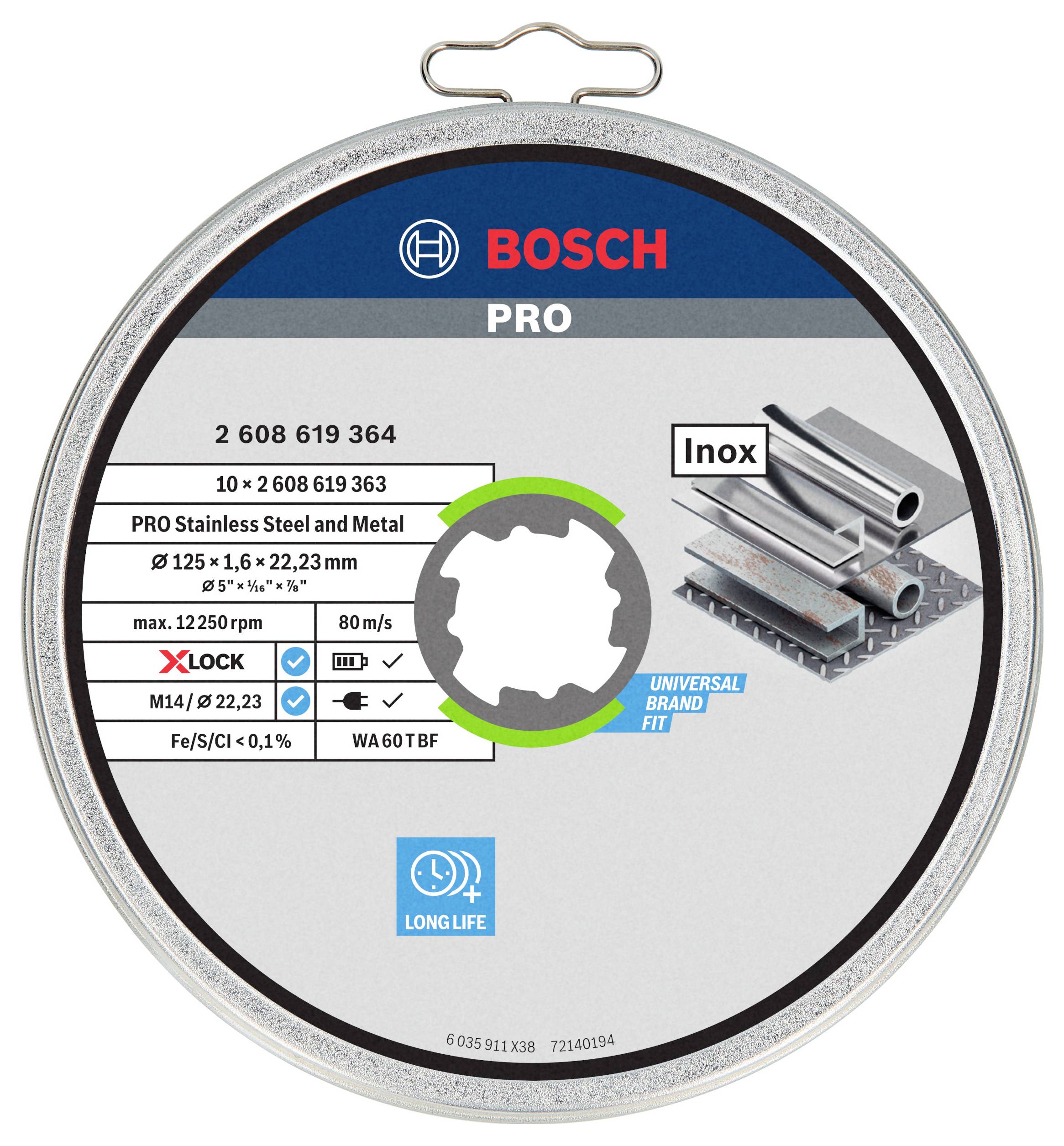 Bosch Pro Inox vágótárcsa rozsdamentes acélhoz és fémhez, 125x1,6x22,23 mm. Alkalmas 80 m/s sebességhez, M14/Fe, X-Lock rendszer.