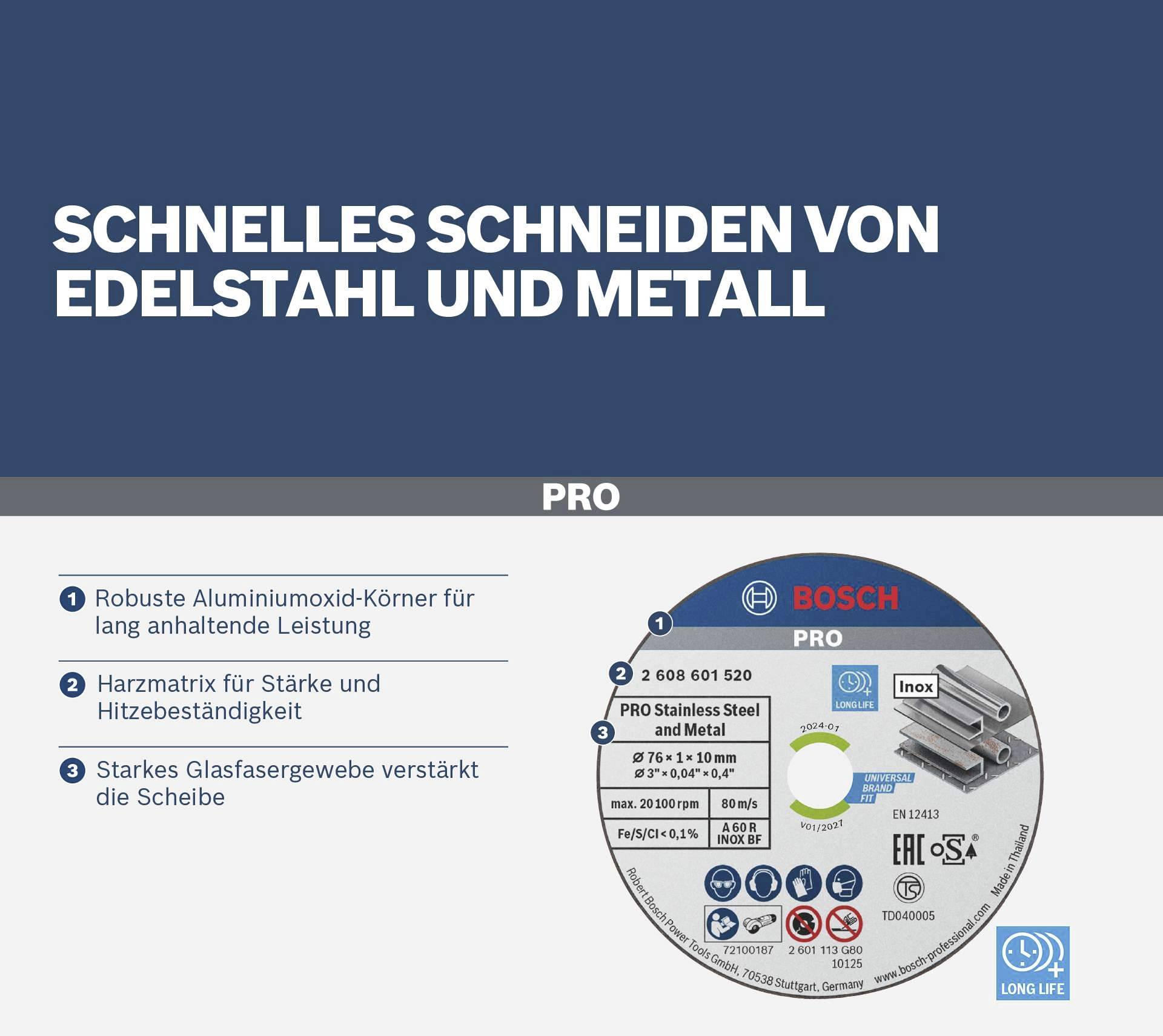 'Gyors vágás rozsdamentes acélban és fémben.' Az ábra egy nagy teljesítményű és hőálló csiszolótárcsát mutat. Erős üvegszövet-erősítéssel rendelkezik.