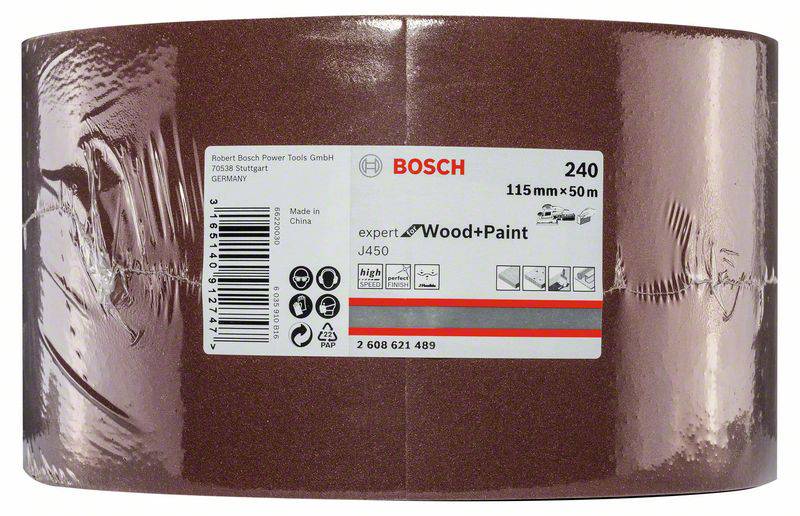 Egy Bosch csiszolópapír-tekercs, alkalmas fa és festék csiszolására, 240-es szemcsemérettel, mérete 115 mm x 50 m, gyártva Kínában.
