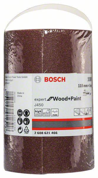 Egy Bosch márkájú csiszolópapír tekercs, 'expert Wood+Paint J450' modell, alkalmas fa és festék csiszolásához, méret 115 mm x 5 m.