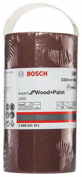 Egy Bosch márkájú csiszolópapír-tekercs 'expert for Wood+Paint' felirattal. 240-es szemcseméret, alkalmas fa- és festékfelületek csiszolásához.