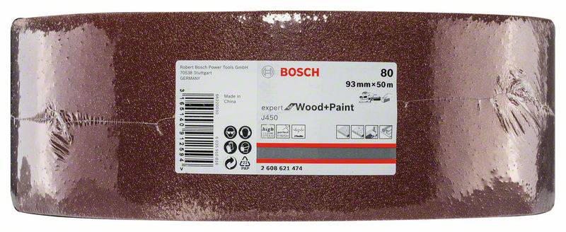 Bosch csiszolótömb, 93 mm x 50 m, alkalmas fa és festék csiszolásához, 80-as szemcseméret, használati szimbólumokat tartalmazó címkével.