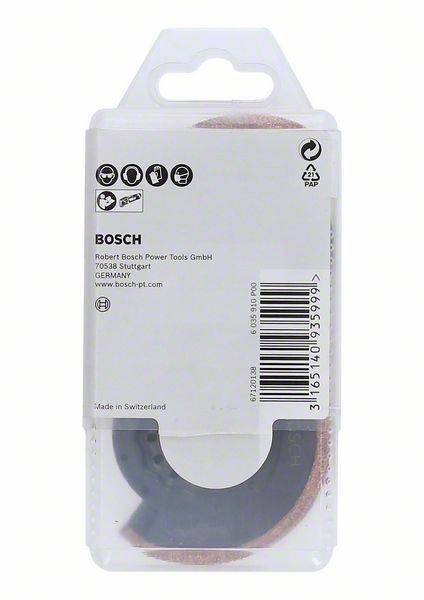 A Bosch csiszolószalag csomagolása, amelyen látható a Bosch logó és a gyártó elérhetőségi adatai. Tartalmaz vonalkódot és újrahasznosítási szimbólumot.