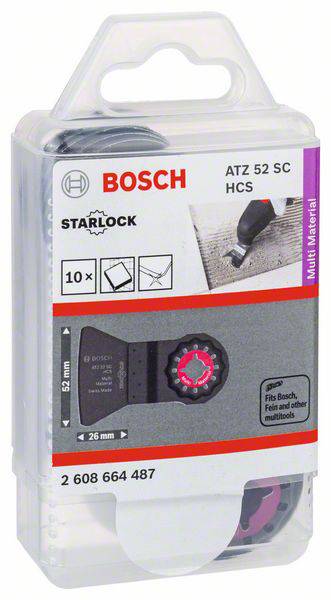 A csomag Bosch Starlock ATZ 52 SC HCS pengét mutat, amely multi-szerszámhoz használható, kompatibilis Bosch és egyéb eszközökkel. A csomag 10 darab pengét tartalmaz.