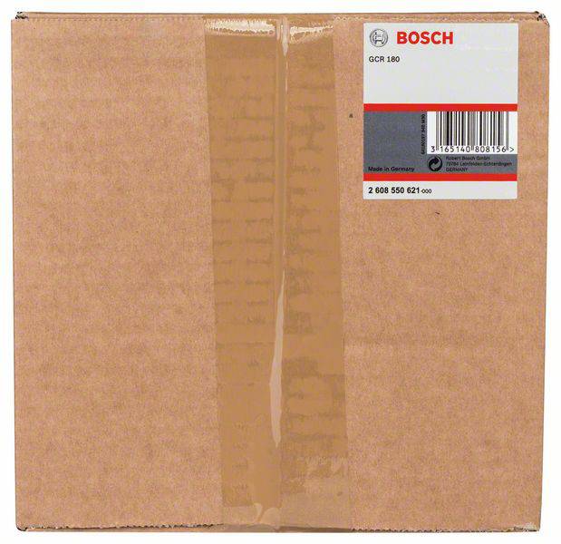 Egy barna kartondoboz jobb felső sarkában matricával, amelyen 'BOSCH GCR 180' felirat, vonalkóddal és 'Made in Germany' szöveggel. Termékcsomagolás.