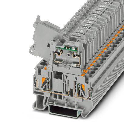 Egy ipari elektromos sorkapocs-halmaz szürke és narancssárga színben. Ezek elektromos elosztószekrényekben történő áramellátásra vannak tervezve.