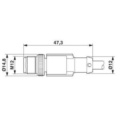 Műszaki rajz egy hengeres csatlakozóról, amelynek méretei: 47,3 mm hosszúság, M12 menet, Ø14,8 mm és Ø12 mm átmérő.