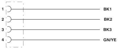 4 soros diagram, vízszintes vonalakkal, 1-től 4-ig számozva. Minden sor egy jelöléssel rendelkezik: BK1, BK2, BK3 és GN/YE.
