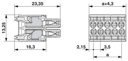 Műszaki rajz egy csatlakozóról méretekkel: szélesség 23,35 mm, magasság 13,25 mm, érintkezők közötti távolság 16,3 mm, mélység 2,15 mm.