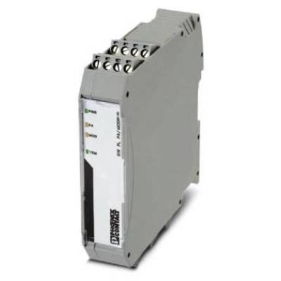 Egy szürke elektronikus eszköz csatlakozókkal a tetején. Oldalán három világító jelzőfény található a 'PWR', 'FA' és 'ETH' feliratokkal.