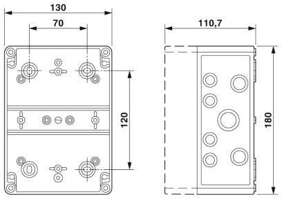 Egy téglalap alakú ház rajza a következő méretekkel: 130 mm szélesség, 180 mm magasság. Különböző fúrási pontok és rögzítési helyek vannak megjelölve.