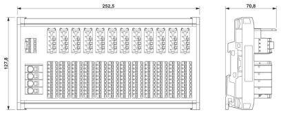 Műszaki rajz egy elektromos kapcsolószekrényről 252,5 x 127,3 x 70,8 mm méretben, amely elölnézetet és oldalnézetet mutat.